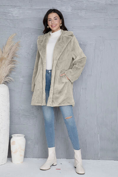 Fuzzy Button Up Lapel Collar Coat