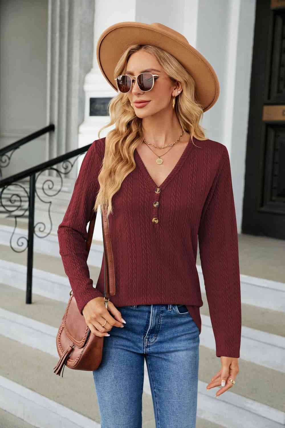 Cable-Knit Long Sleeve V-Neck T-Shirt