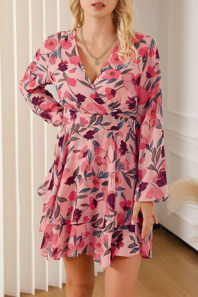 Printed Surplice Balloon Sleeve Mini Dress