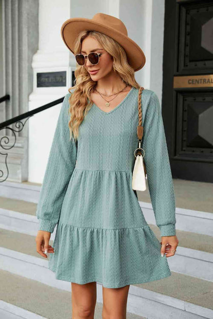 V-Neck Long Sleeve Mini Dress