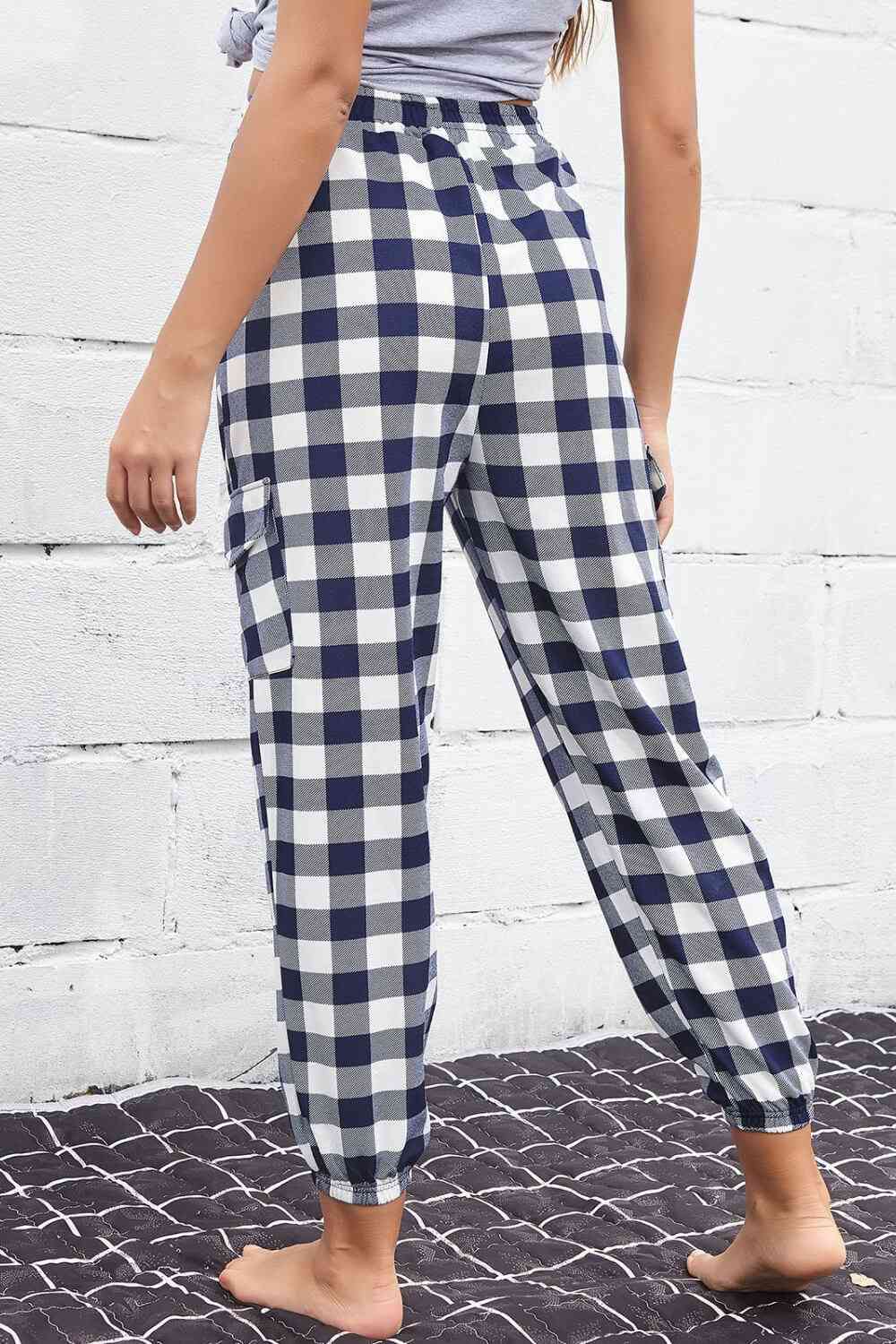 Plaid Elastic High Waist Cargo Pants