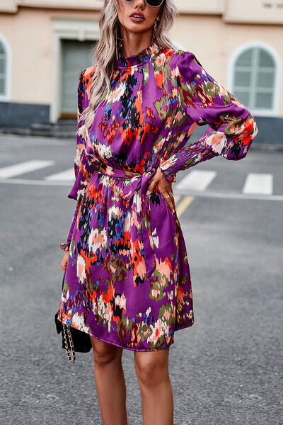 Printed Tie Waist Mock Neck Lantern Sleeve Dress