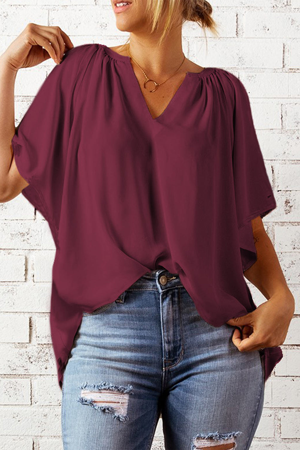 Gathered Detail Notched Neck Flutter Sleeve Top