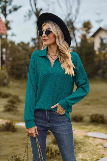 Collared Neck Cable-Knit Long Sleeve Blouse