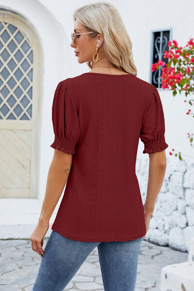 Eyelet Square Neck Short Sleeve T-Shirt