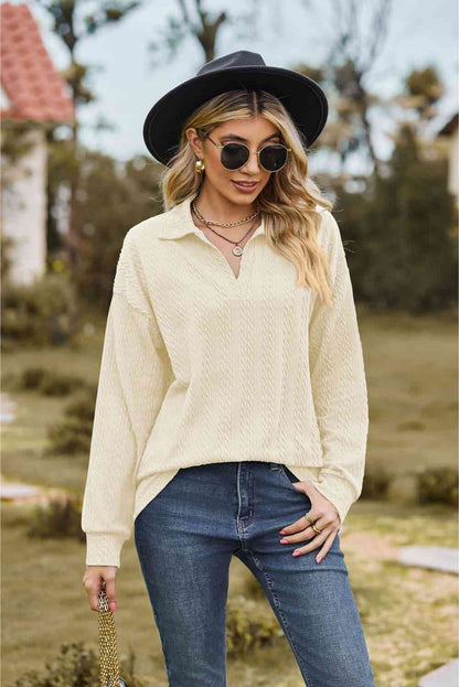 Collared Neck Cable-Knit Long Sleeve Blouse