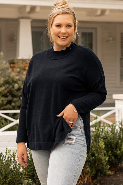 Plus Size Mock Neck Dropped Shoulder Sweater