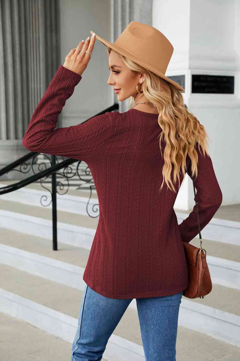 Cable-Knit Long Sleeve V-Neck T-Shirt