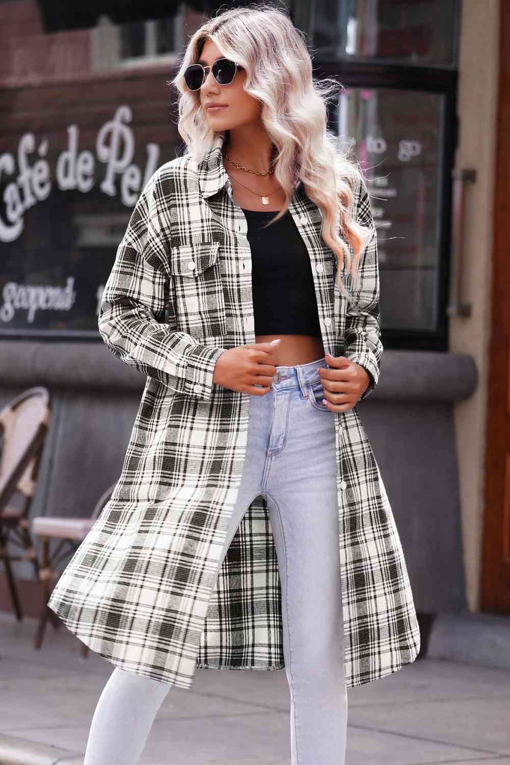 Double Take Plaid Button-Up Longline Shacket with Breast Pockets