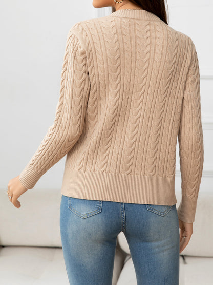 V-Neck Long Sleeve Cable-Knit Buttoned Knit Top