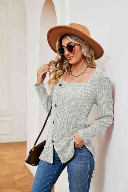 Decorative Button Slit Square Neck Top