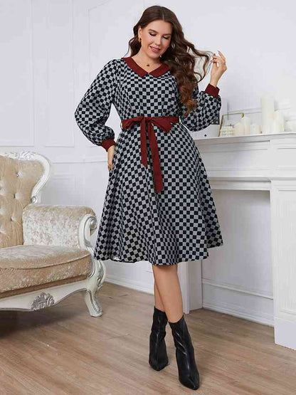 Plus Size Plaid V-Neck Long Sleeve Dress