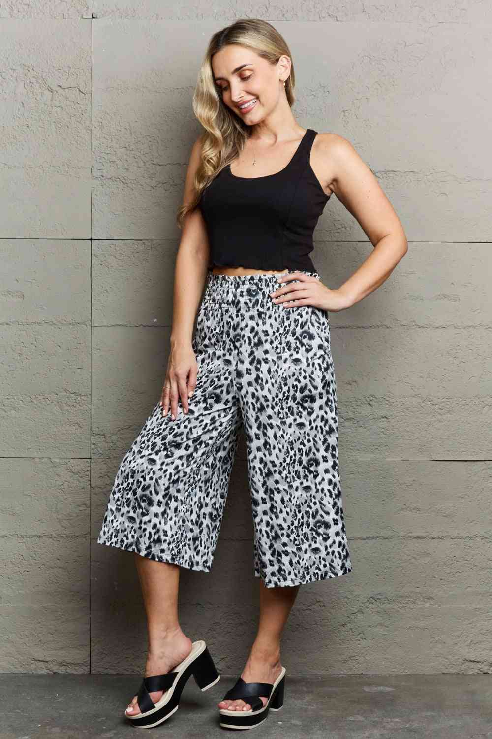 Ninexis Leopard High Waist Flowy Wide Leg Pants with Pockets