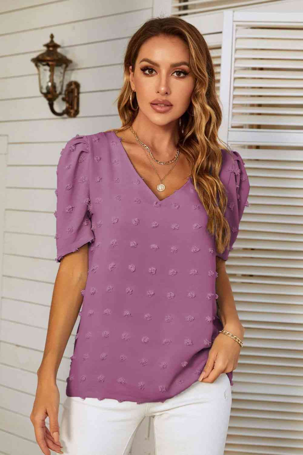 Swiss Dot V-Neck Puff Sleeve Blouse