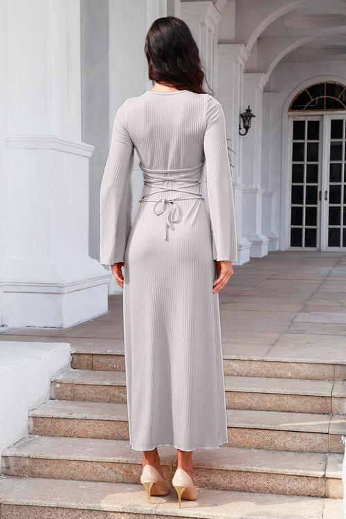 Tie Back Ribbed Round Neck Long Sleeve Dress