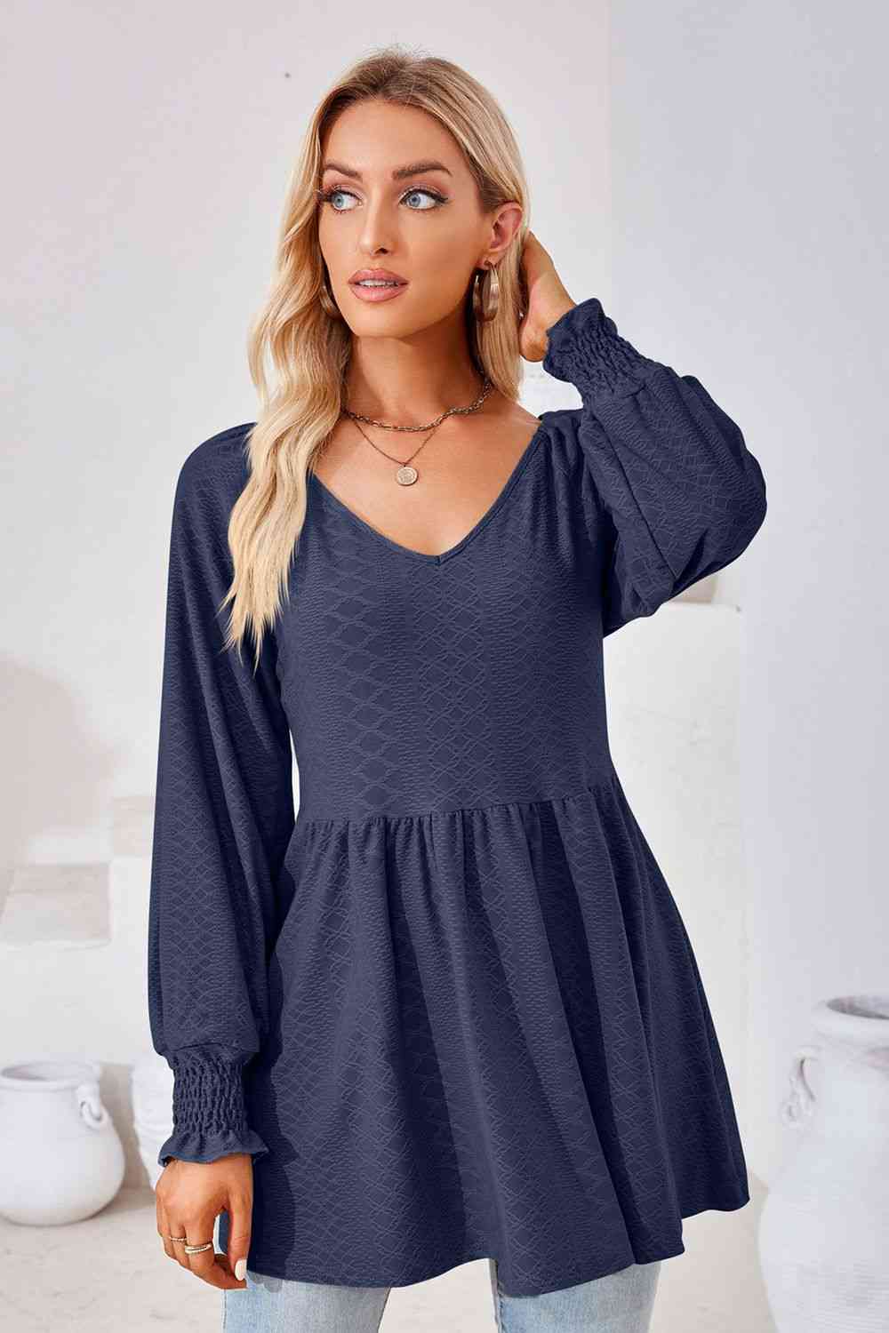 V-Neck Lantern Sleeve Blouse