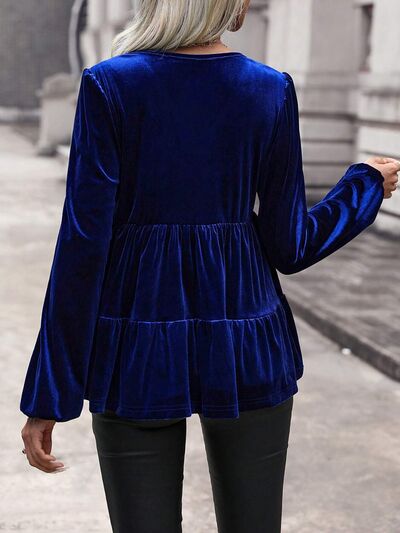 V-Neck Balloon Sleeve Peplum Blouse