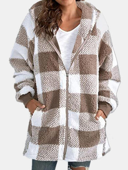 Plaid Zip Up Hooded Jacket with Pockets