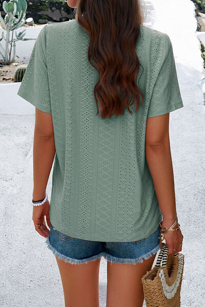 Eyelet Decorative Button V-Neck T-Shirt