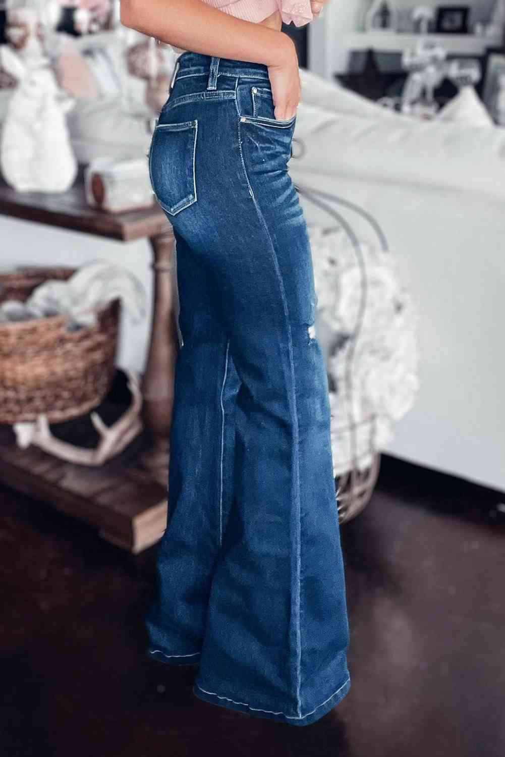 Asymmetrical Open Knee Distressed Flare Jeans