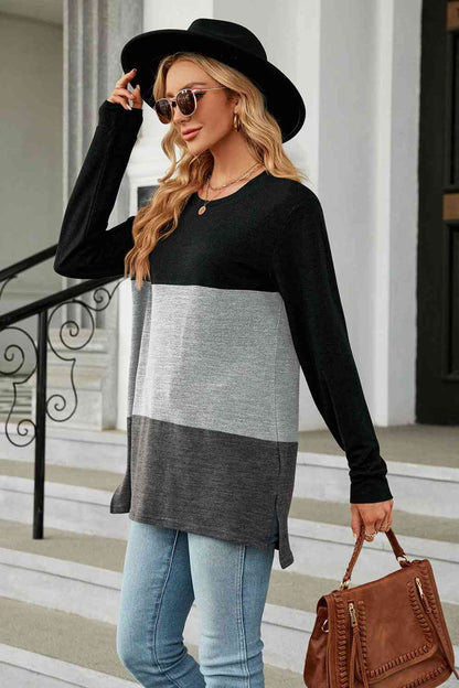 Color Block Round Neck Long Sleeve Slit T-Shirt