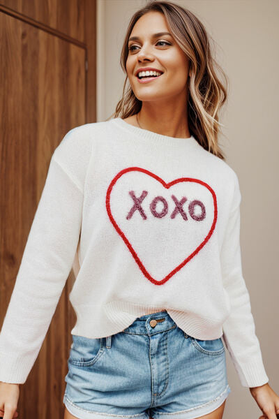 XOXO Heart Round Neck Dropped Shoulder Sweater