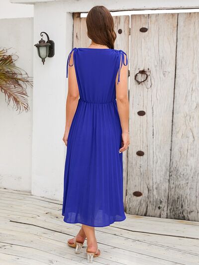 Pleated V-Neck Sleeveless Midi Dress