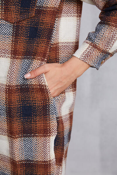 Plaid Button Up Dropped Shoulder Coat with Pockets