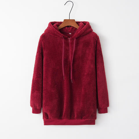 Full Size Quarter-Zip Drawstring Teddy Hoodie