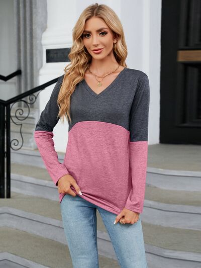 Color Block V-Neck Long Sleeve T-Shirt