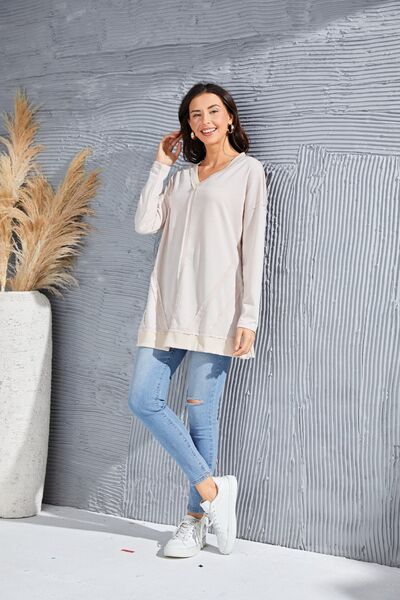 Exposed Seam V-Neck Long Sleeve Slit Sweatshirt