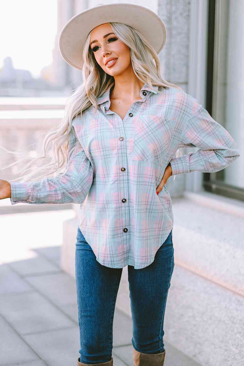 Plaid Button-Up Dropped Shoulder Shirt