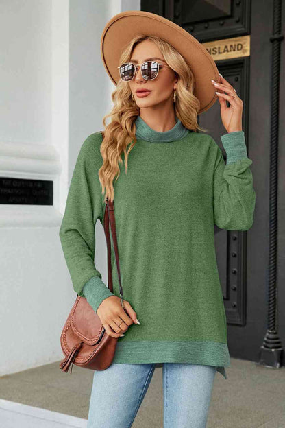 Turtle Neck Long Sleeve Slit Blouse