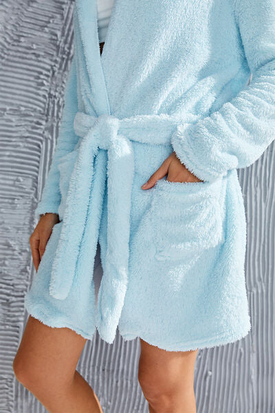 Fuzzy Tied Pocketed Hooded Lounge Nightgown