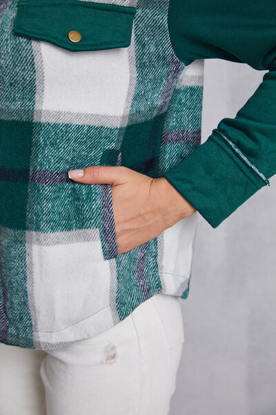 Plaid Snap Down Pocketed Dropped Shoulder Jacket