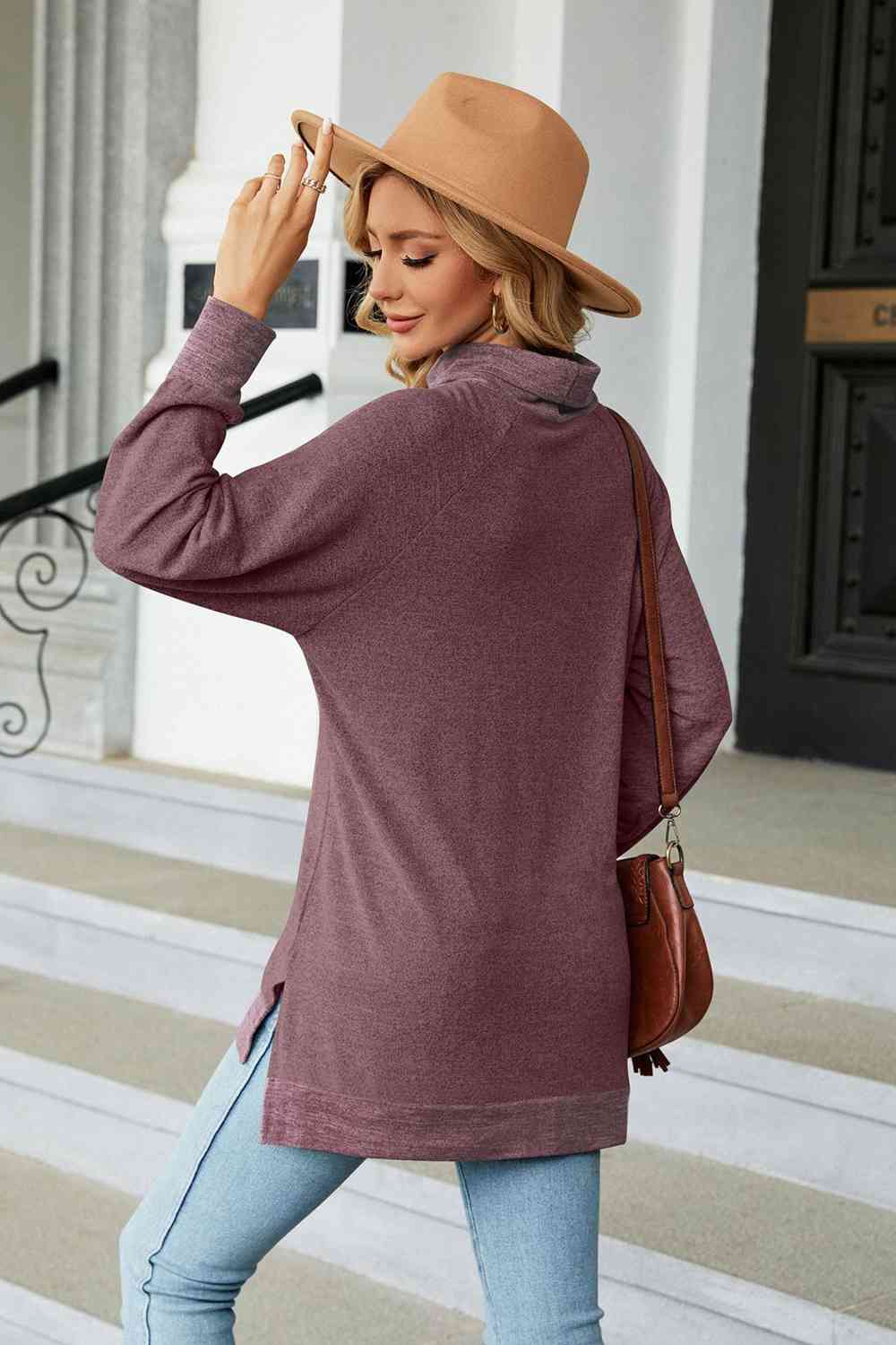 Turtle Neck Long Sleeve Slit Blouse