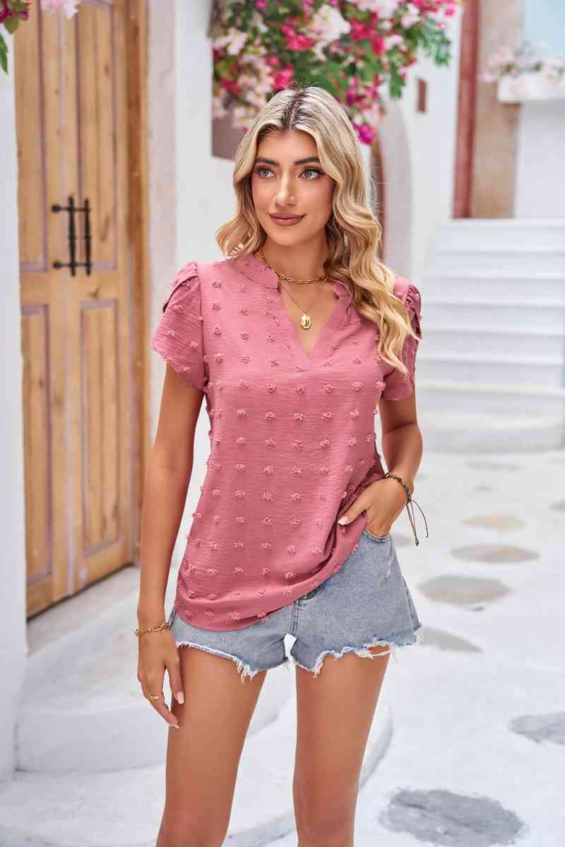 Swiss Dot Petal Sleeve Notched Top