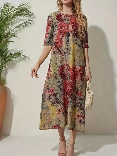 Full Size Printed Half Sleeve Midi Dress