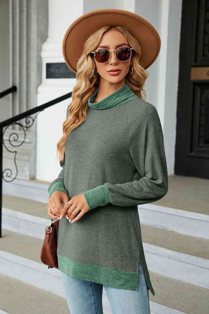 Turtle Neck Long Sleeve Slit Blouse