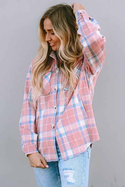 Plaid Pocketed Collared Neck Button Up Jacket