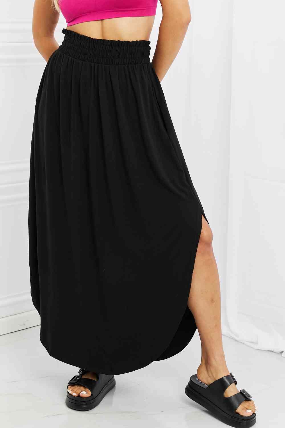 Zenana It's My Time Full Size Side Scoop Scrunch Skirt in Black