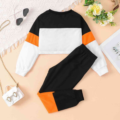 Color Block Round Neck Long Sleeve Top and Pants Set