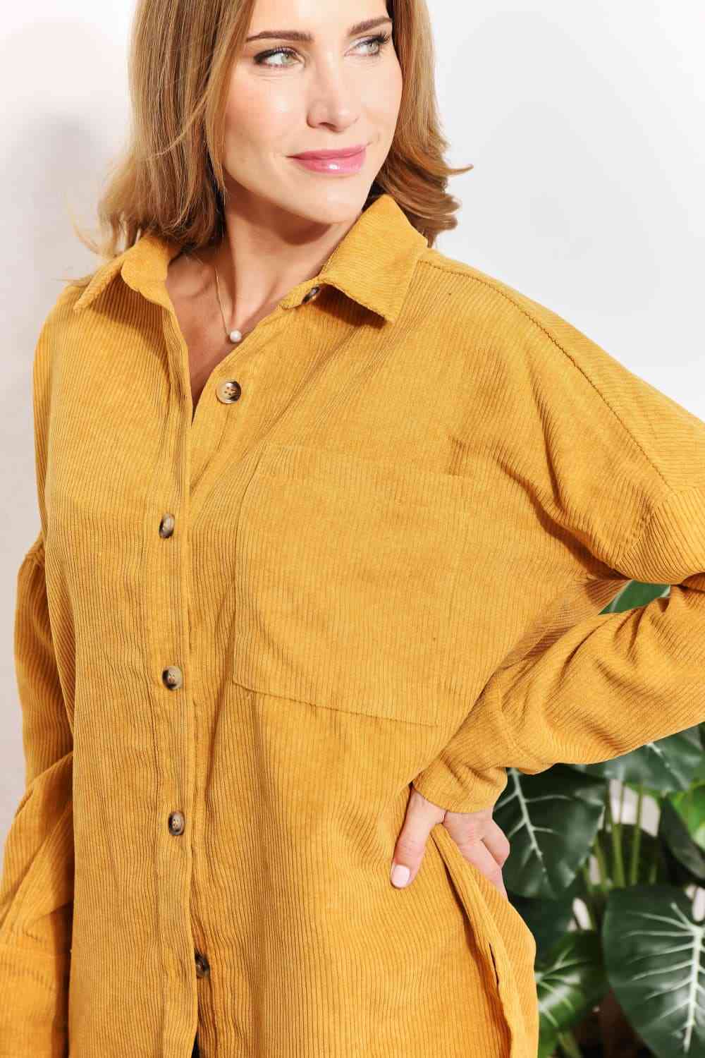 HEYSON Full Size Oversized Corduroy  Button-Down Tunic Shirt with Bust Pocket