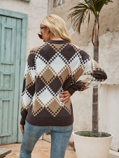 Plaid Round Neck Dropper Shoulder Sweater