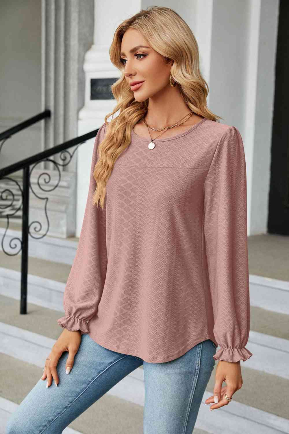 Round Neck Flounce Sleeve Blouse