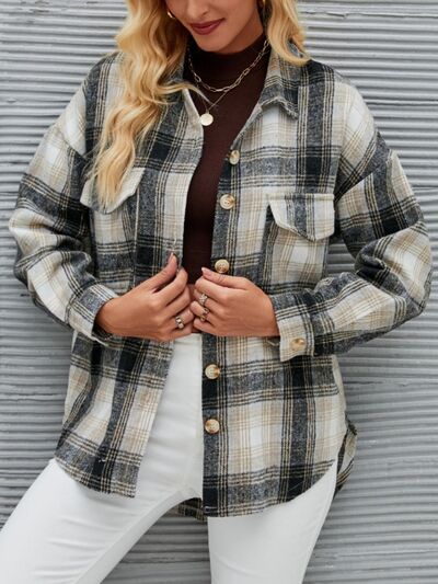 Plaid Button Up Dropped Shoulder Outerwear