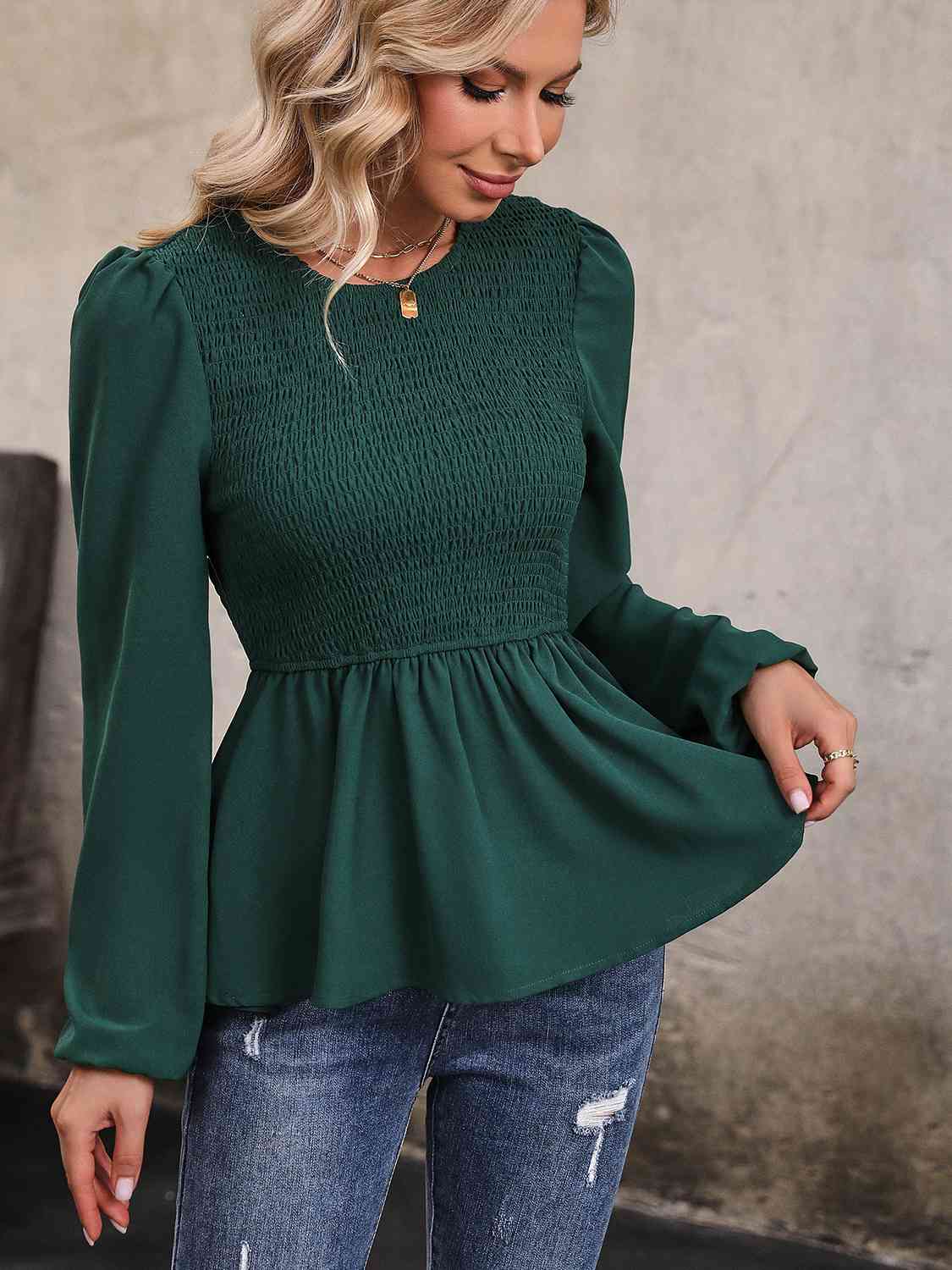 Round Neck Smocked Balloon Sleeve Top