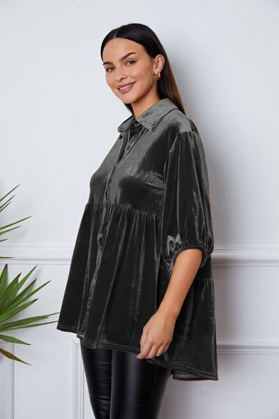 Velvet Tiered Button Up Collared Neck Shirt