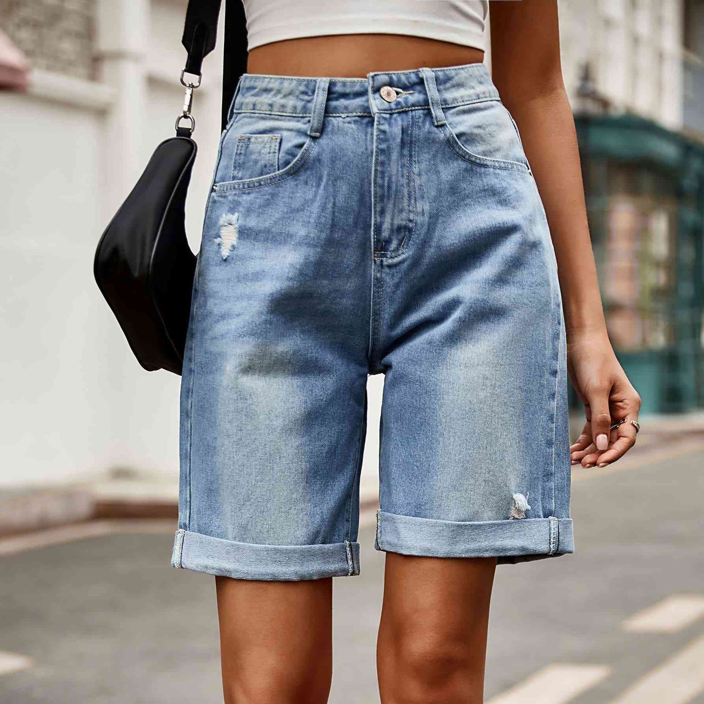 Distressed Buttoned Denim Shorts with Pockets