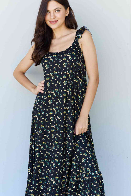 Doublju In The Garden Ruffle Floral Maxi Dress in  Black Yellow Floral